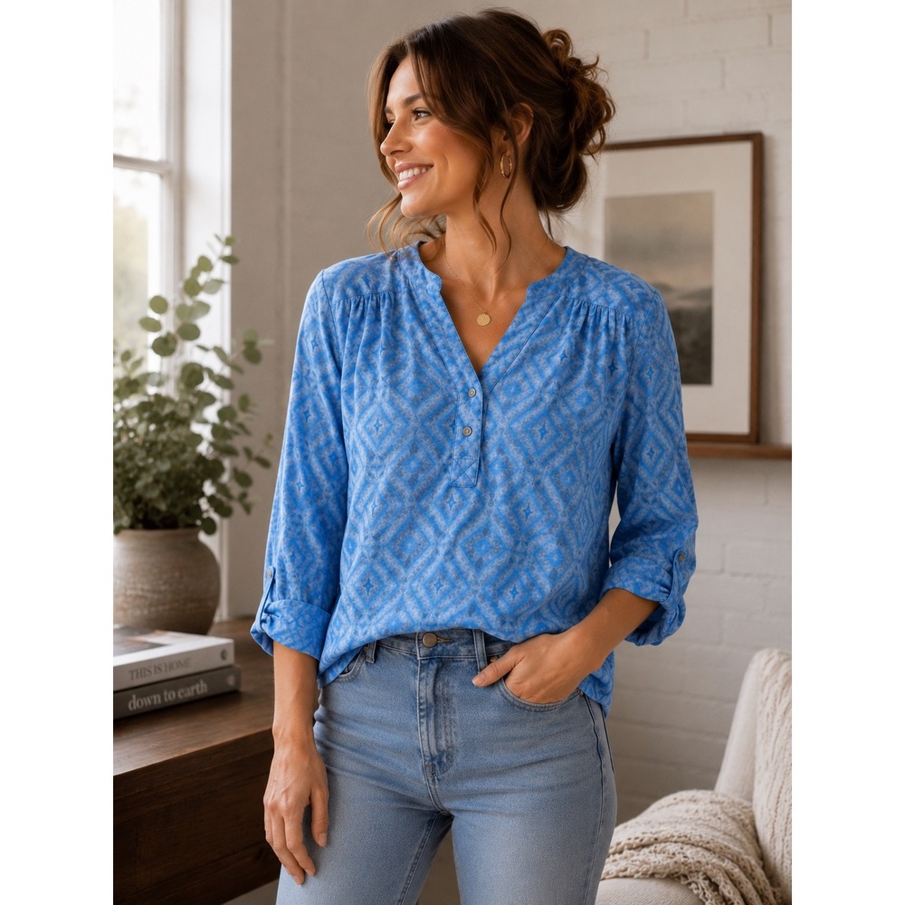 Fresh Produce Blue Tie Dye Geometric Print Henley Top Women's Small Coastal Boho